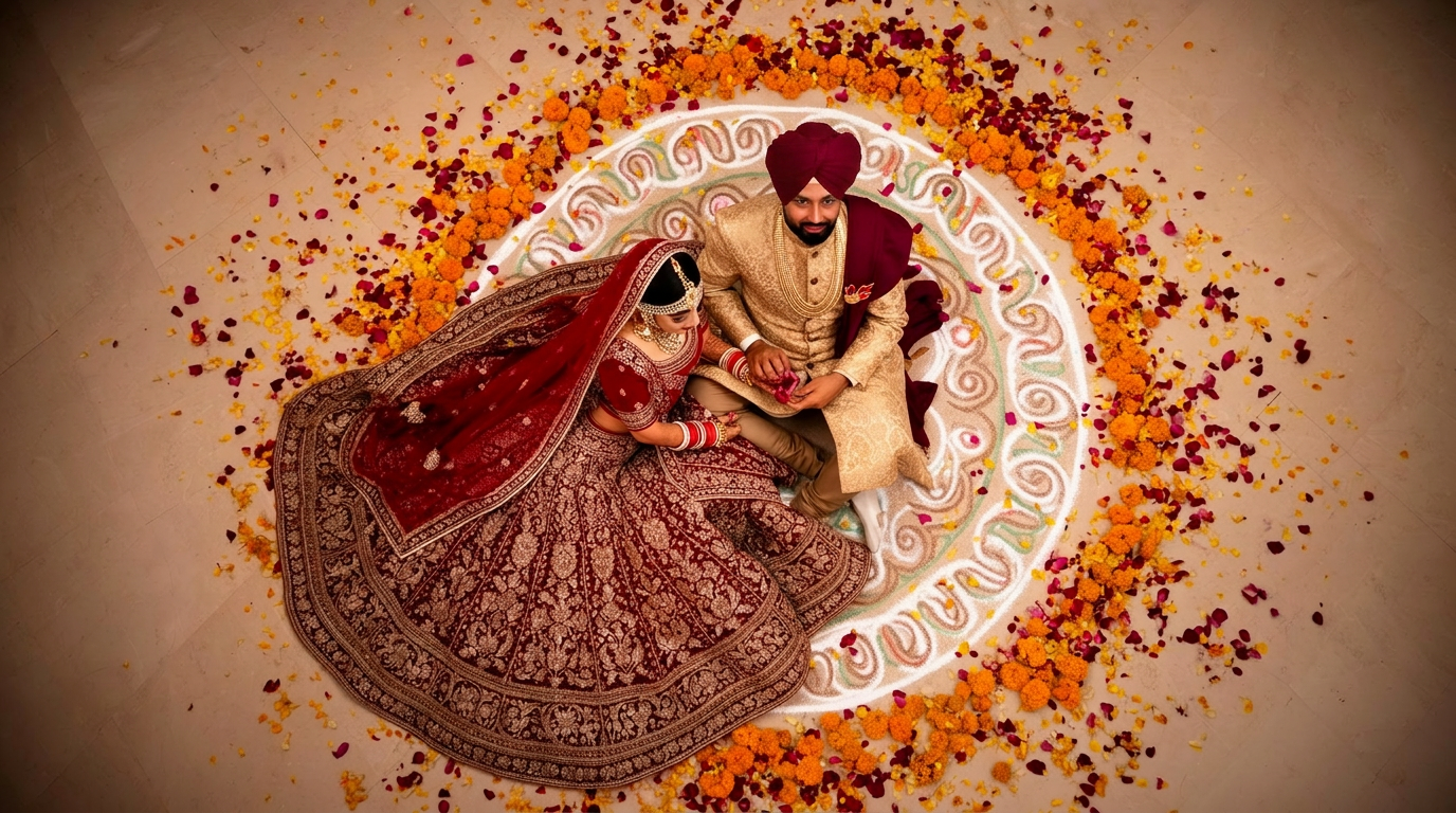 Punjabi couple in traditional Sikh wedding attire